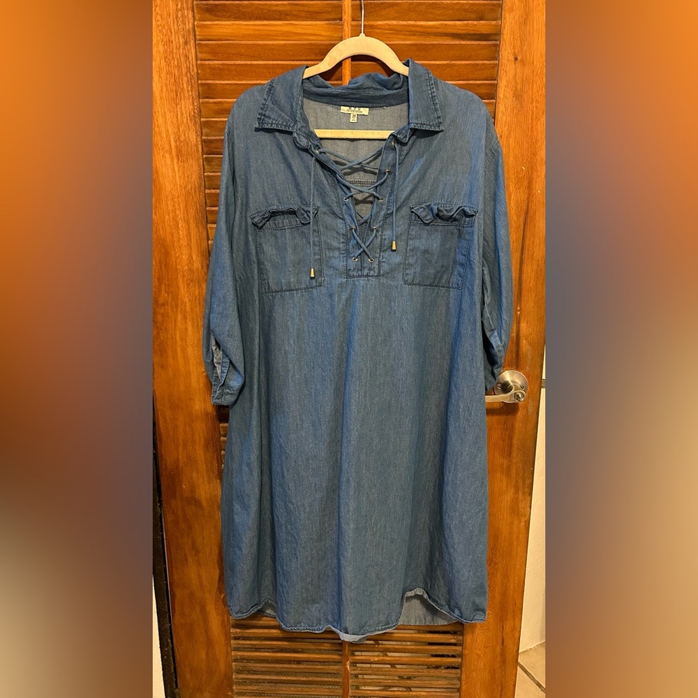MPH COLLECTION Lite Denim 3/4 Sleeve Dress w Double Breast Pockets Size 3X